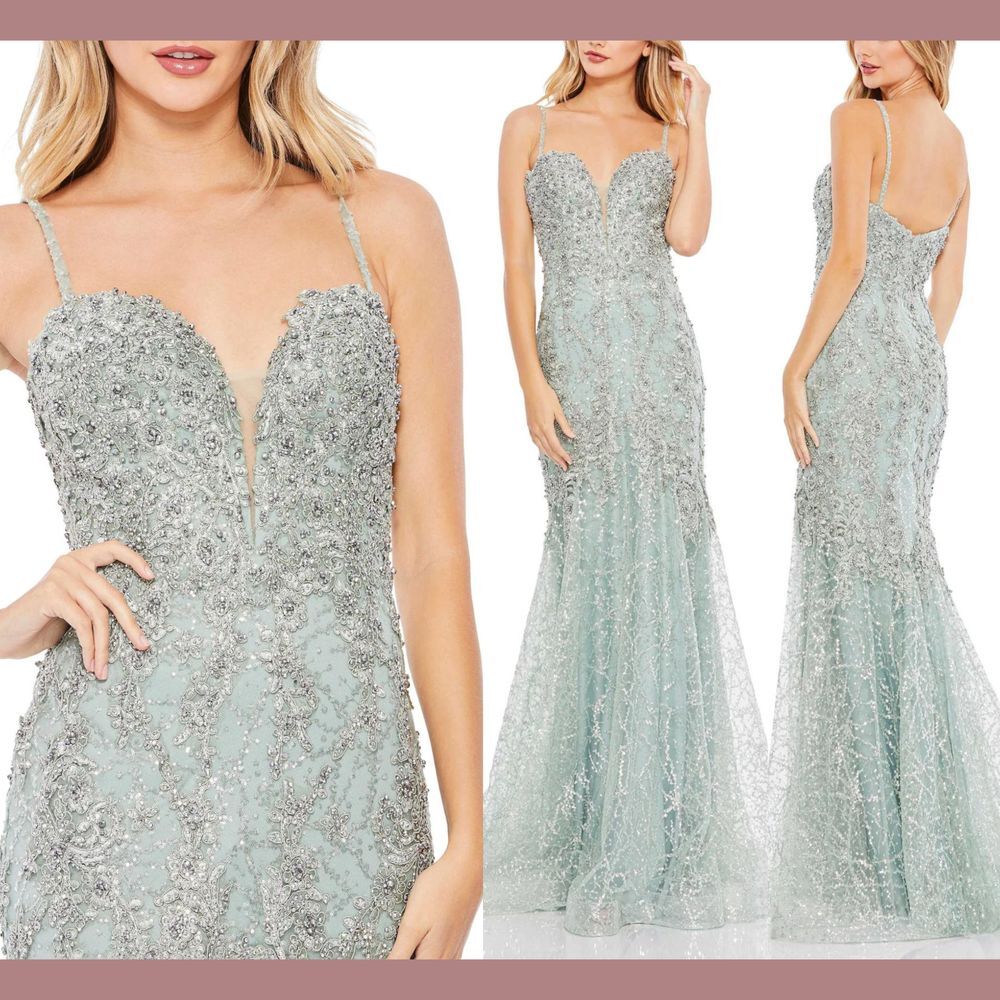 NWT Mac Duggal [ 8 ] 20242 Embellished Sleeveless Plunge Neck‎ Trumpet Gown Mint